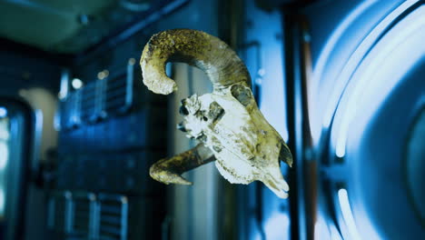 Floating skull in a futuristic lab during an experiment