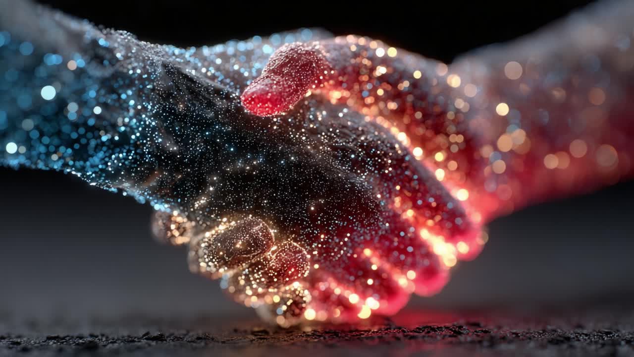 Two abstract hands made of glowing blue and red particles meeting in a firm handshake, symbolizing a futuristic agreement, a business deal, technological partnership, or digital connection