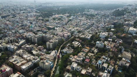 aerial drone shot showing the structured layout of hyderabad’s urban zones, featuring commercial hubs, residential complexes, and industrial areas.