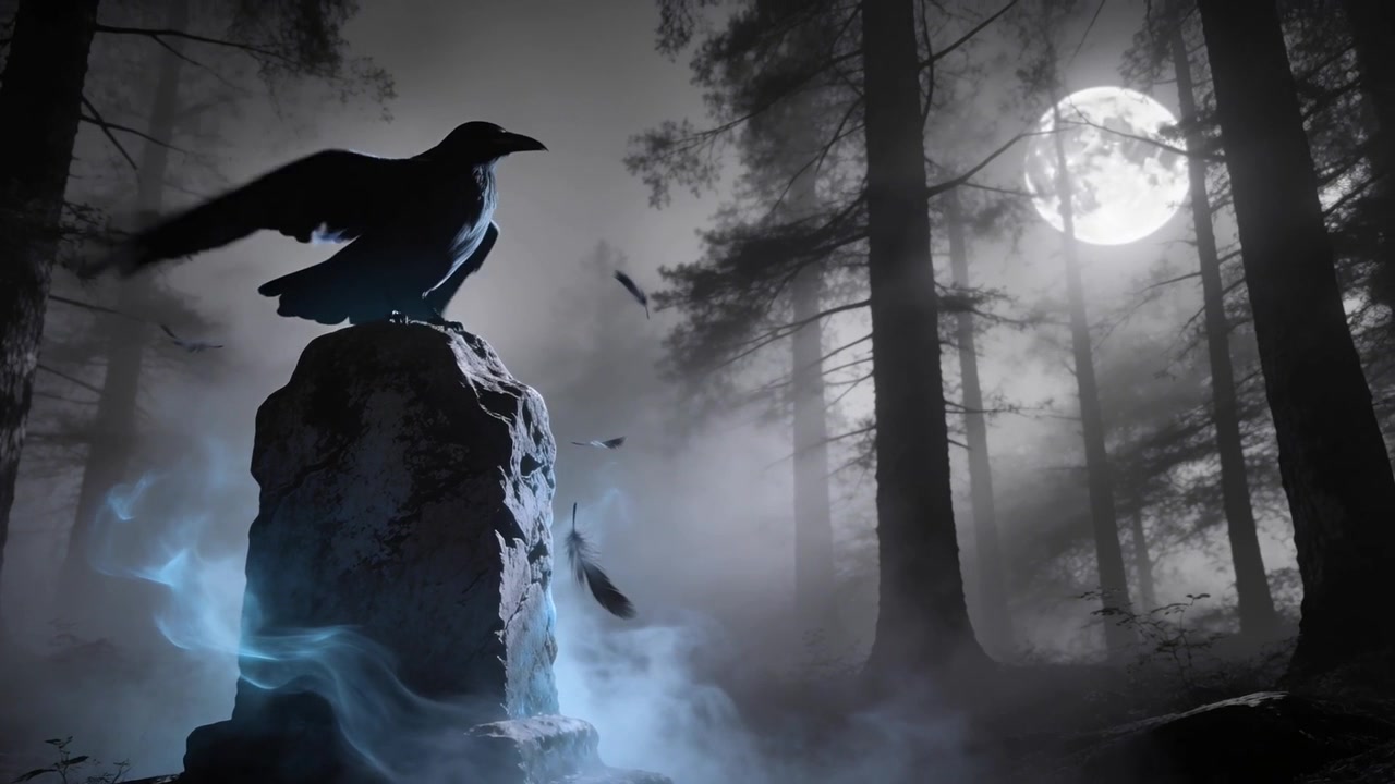 Cuervo negro aleteando y levantando las alas sobre un pedestal en un bosque iluminado por la luna, graznando mientras las plumas y la niebla se arremolinan.