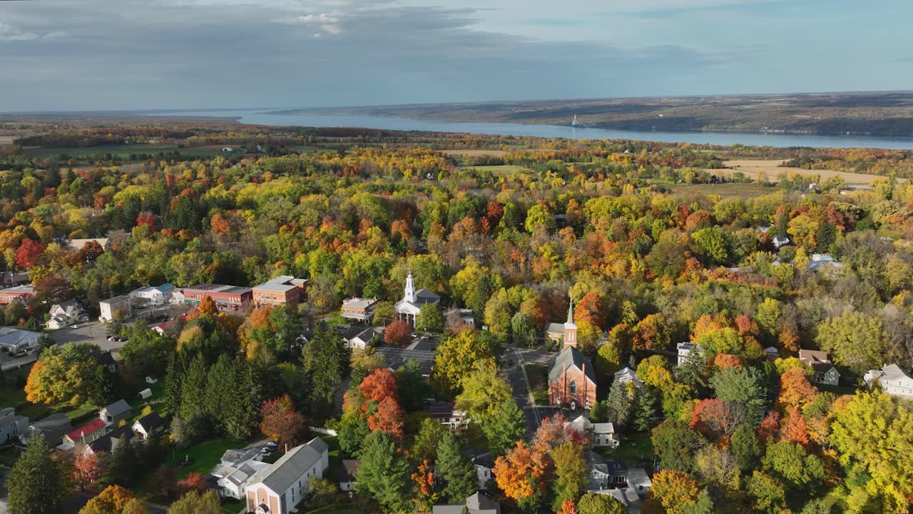 Afternoon autumn fall aerial view of Trumansburg NY USA. Located in the Finger Lakes Region near Ithaca, New York.