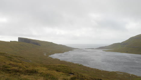 panorama of lake sorvagsvatn on cloudy day, ocean in background, faroe islands. static