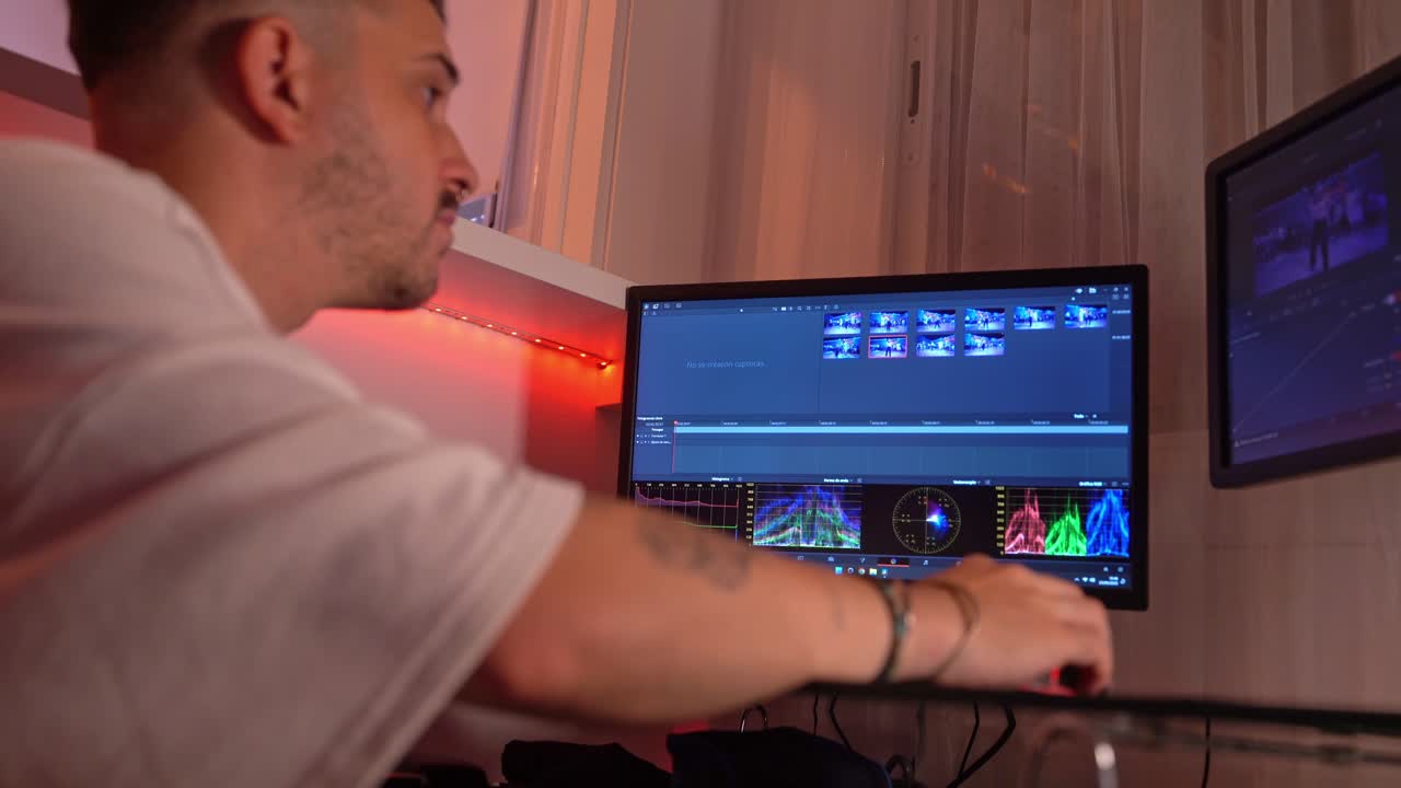Close side view of young man working intensely on video timeline and color scopes in dual monitor editing setup at home