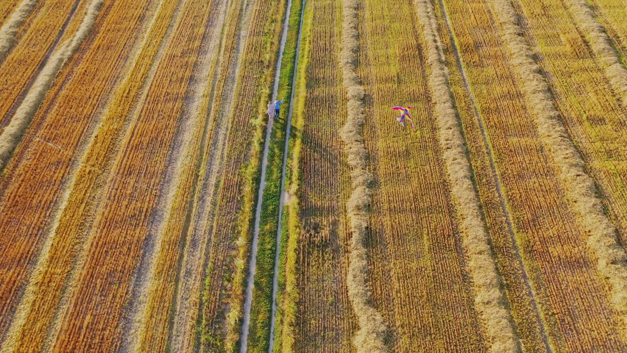 Couple in love running with kite flying on wind. View from above on man and a woman holding hands and walking on the field in summer.