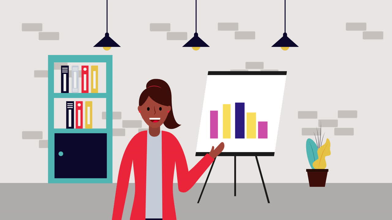 afro businesswoman with paperboard and statistics character