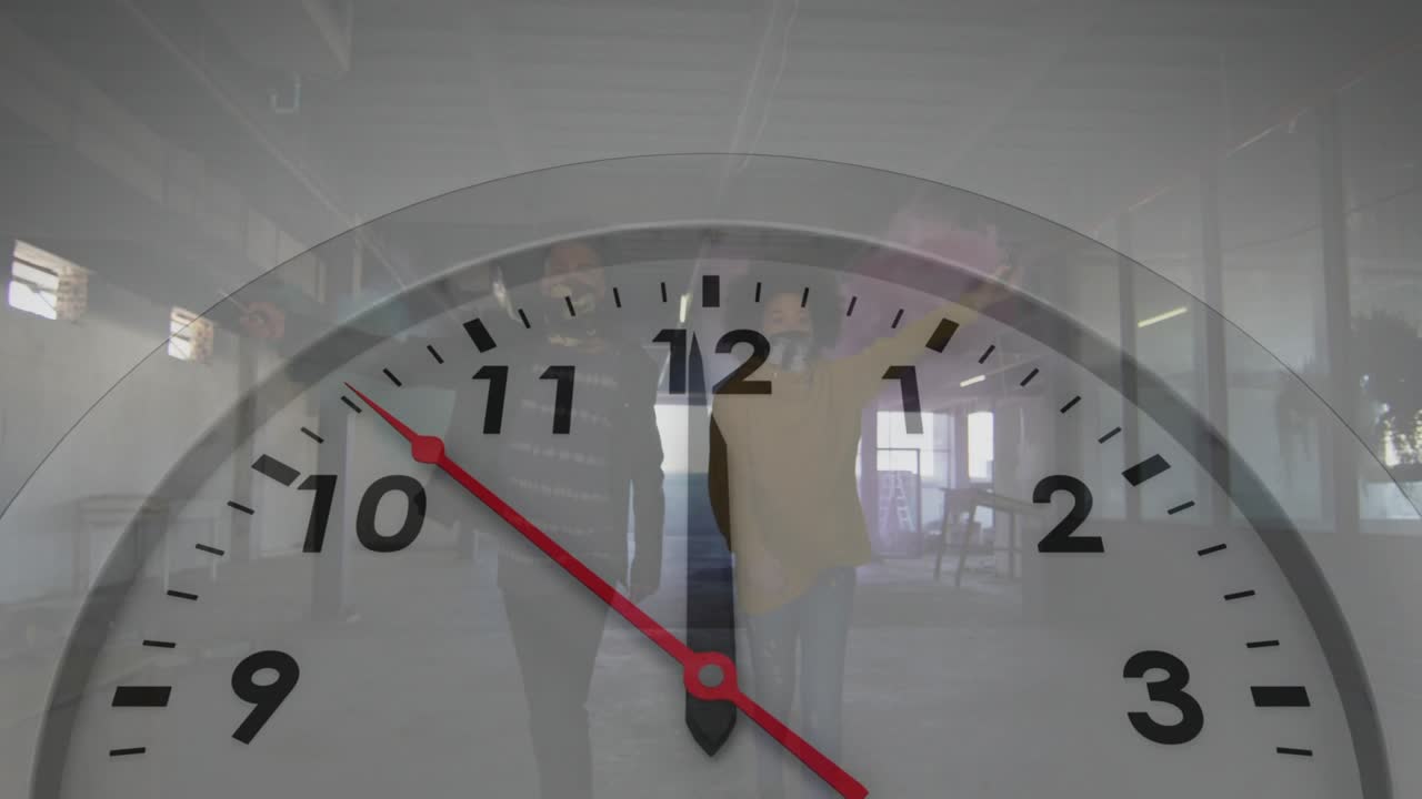 Analog clock rotating red hand as time passing, two adults walking via glass showing business time