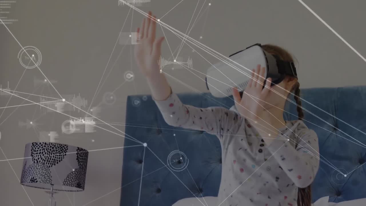 animación de la red de conexiones con procesamiento de datos sobre chica caucásica usando auriculares vr
