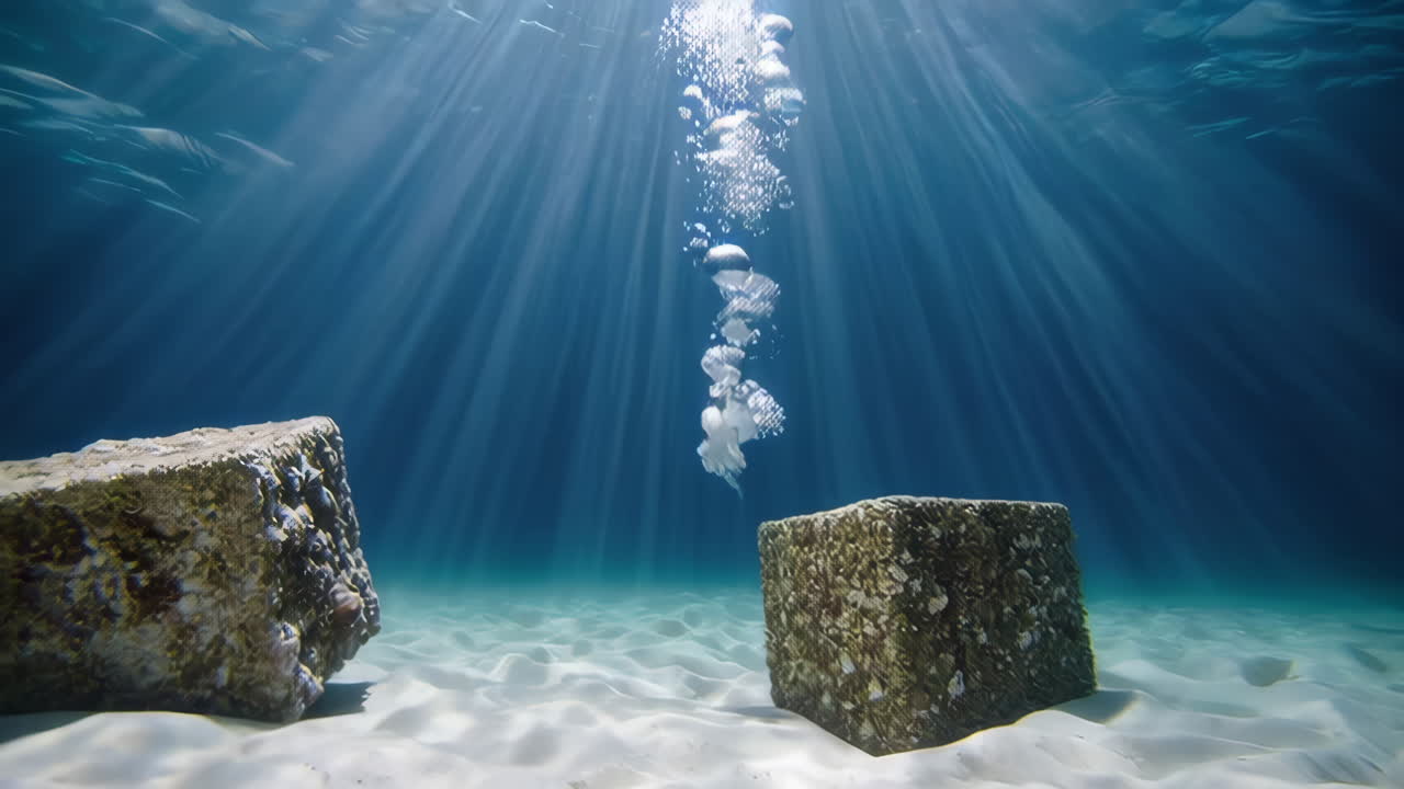 Bubbles rising underwater, sunlight through the water