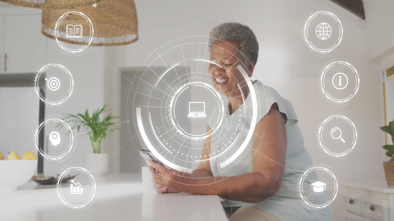 Using smartphone with digital interface, elderly woman in kitchen setting