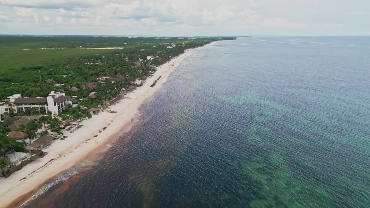 Aerial view of Tulum coastline in Mexico with turquoise waters and visible sargassum seaweed along the shore. Lush jungle, white sand, and tropical beachscape from above