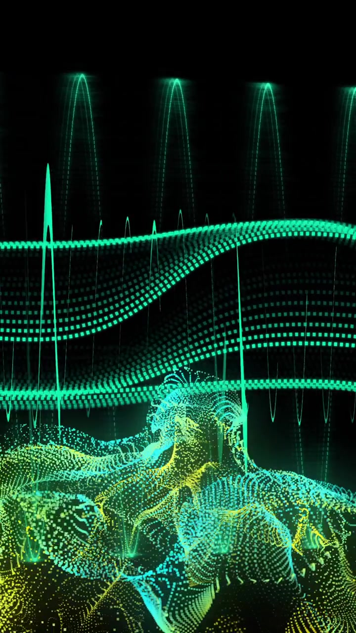 Animation of light trails and data processing over black background