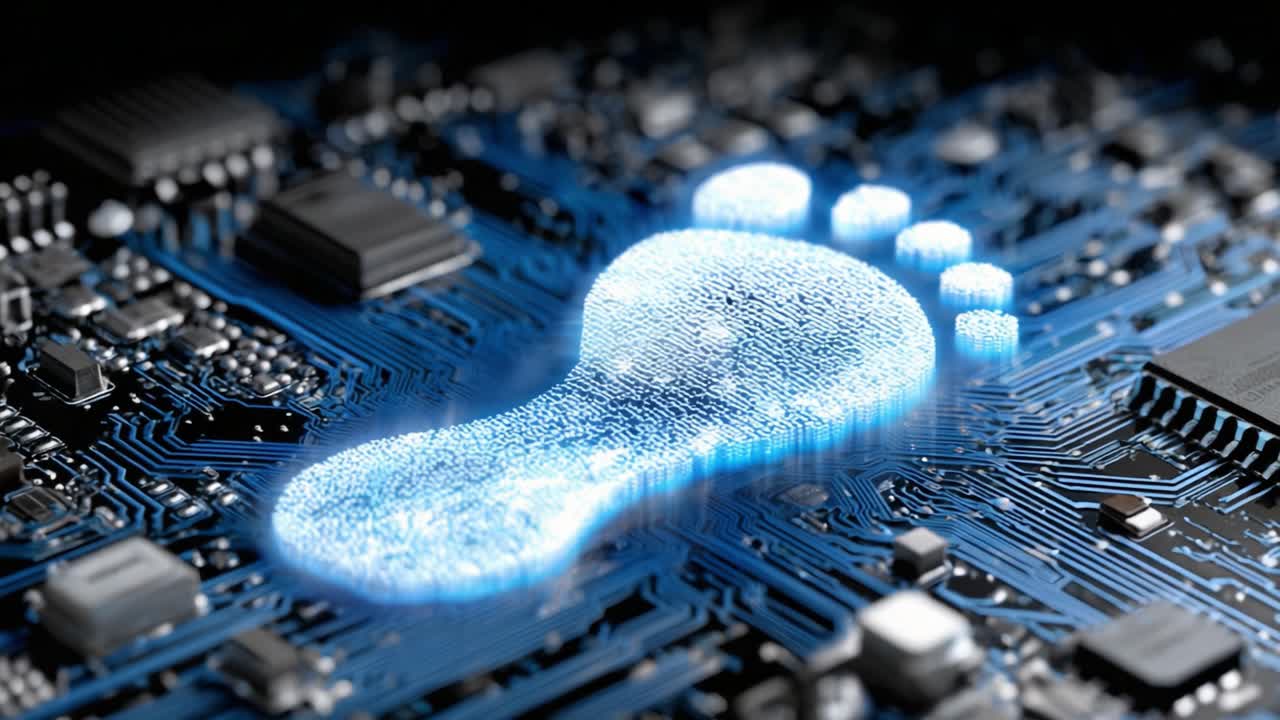 A Glowing Digital Footprint on a Circuit Board: Exploring the Intersection of Technology and Environmental Impact in the Digital Age