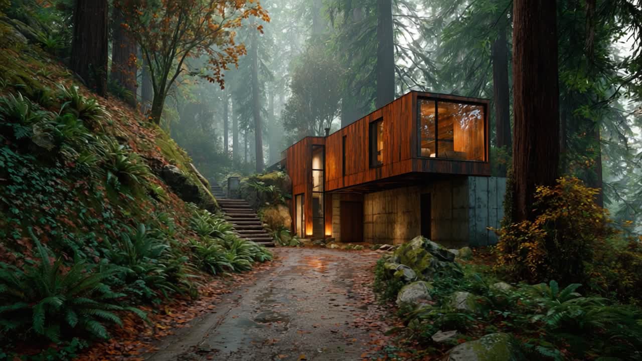 Una casa moderna immersa tra alberi secolari: una fuga serena in un paesaggio boschivo lussureggiante catturata in due inquadrature contrastanti rivela la tranquillità della natura.