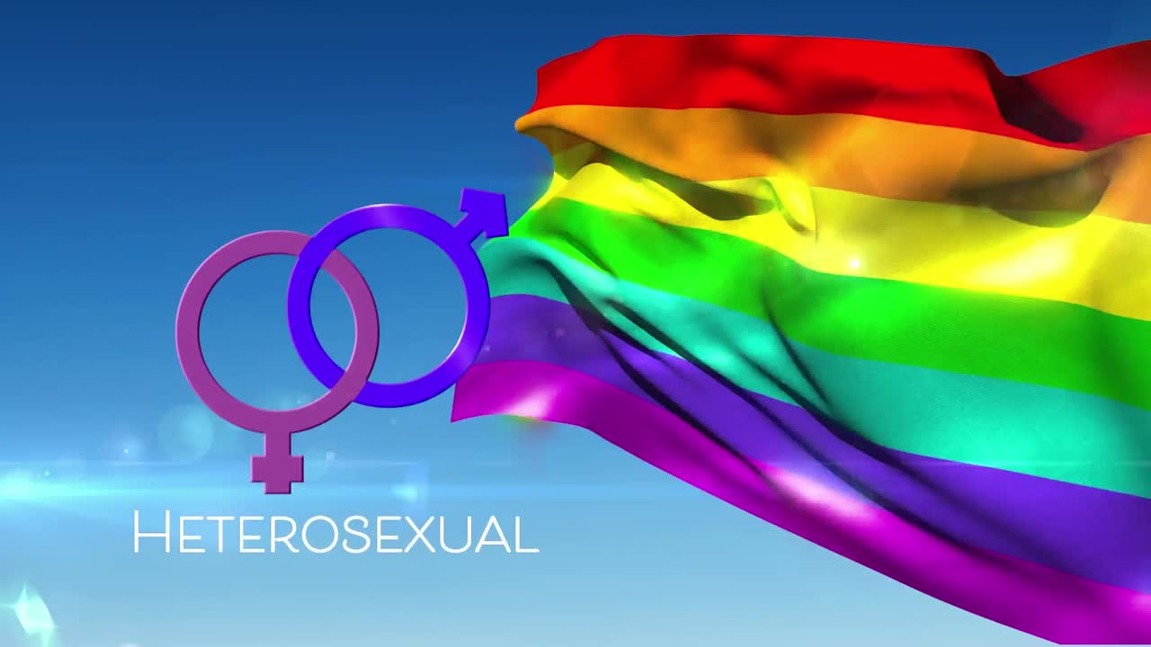 género masculino y femenino unido con bandera del arco iris en el cielo azul