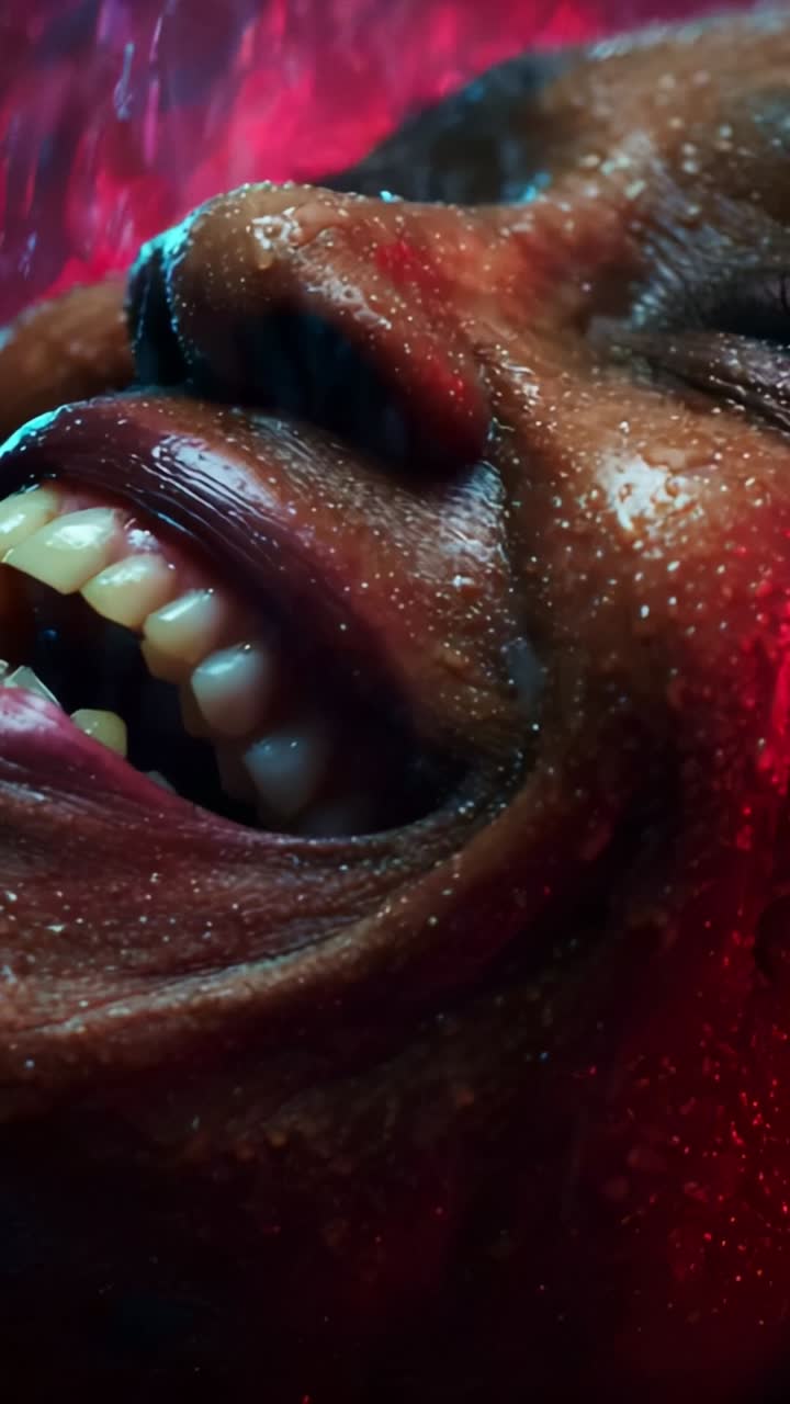 Expression of Pure Joy: A Close-Up of an Individual Experiencing Euphoria and Laughter Amidst a Vibrant, Dreamy Background of Colorful Lights and Water Droplets