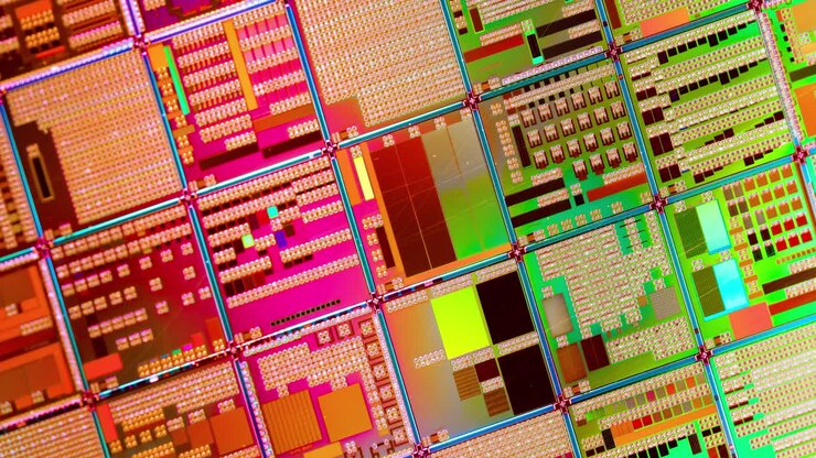 Close-up view of a microchip circuit board