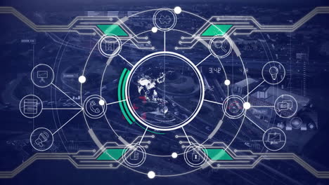 animation of data processing and globe with icons over city