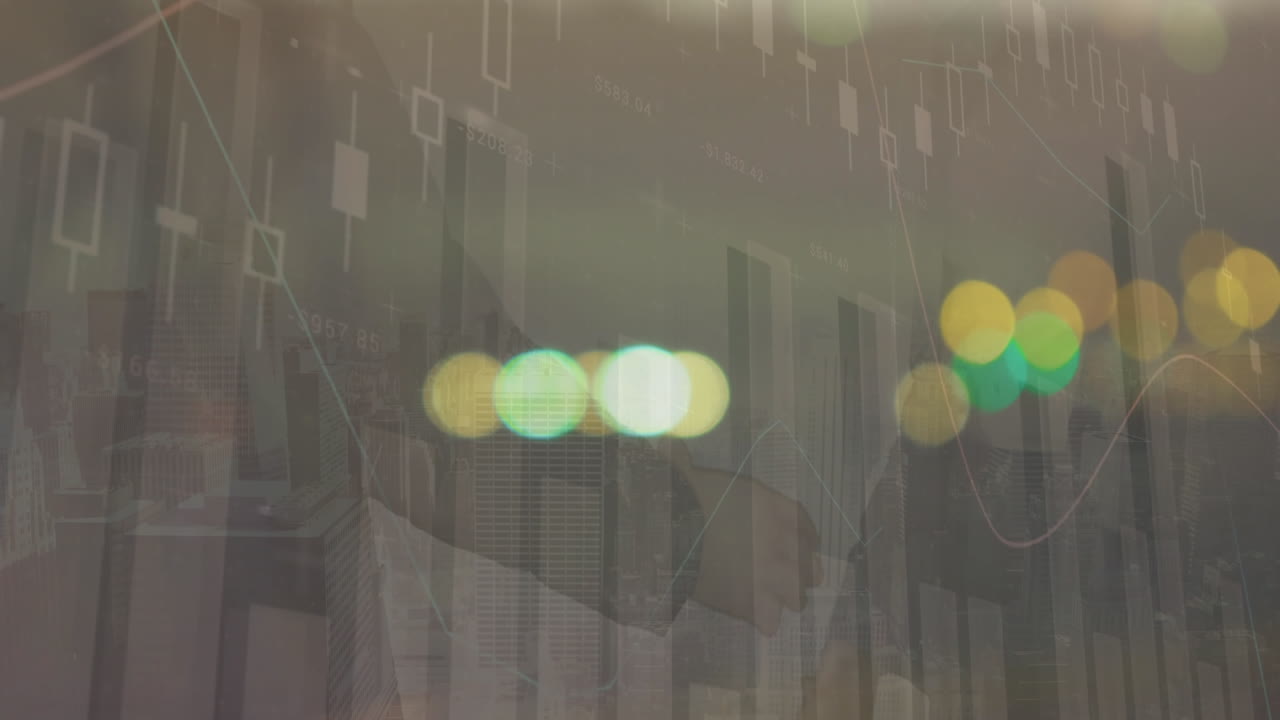 도시 풍경과 카우카스계 사업가들이 손을 흔들고 있는 금융 데이터 처리 애니메이션