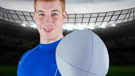 animation of caucasian male rugby player holding ball over stadium