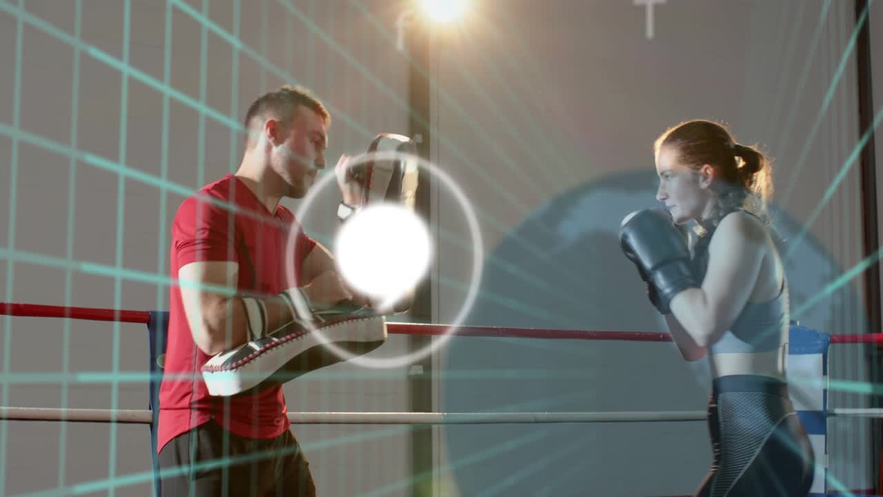 Coach shifting pads, boxer punching combos in ring, boxing training, overlay phone icons aligning