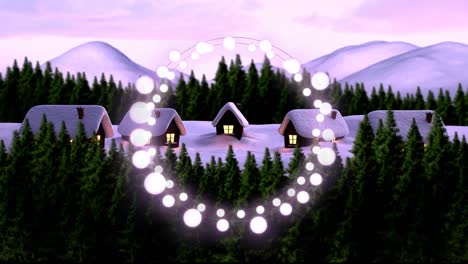 Decorative-fairy-lights-against-winter-landscape-with-house-and-trees