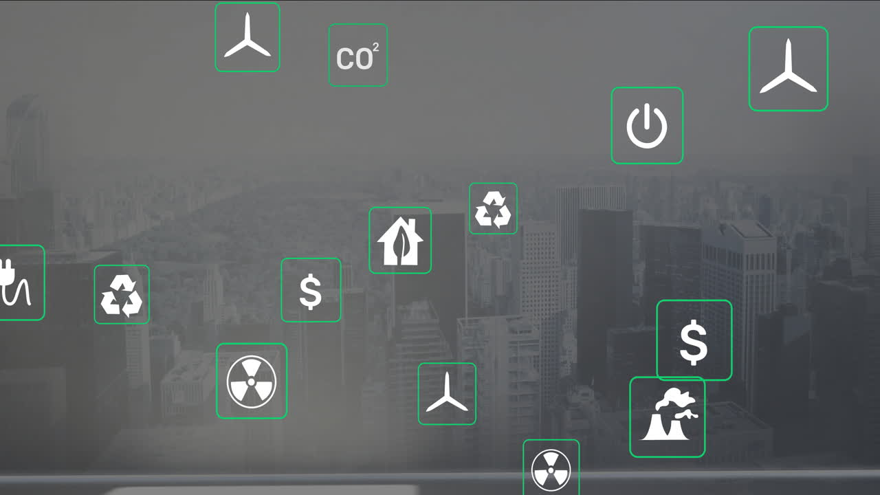 Animation of environmental icons over cityscape, showing sustainability and energy concepts