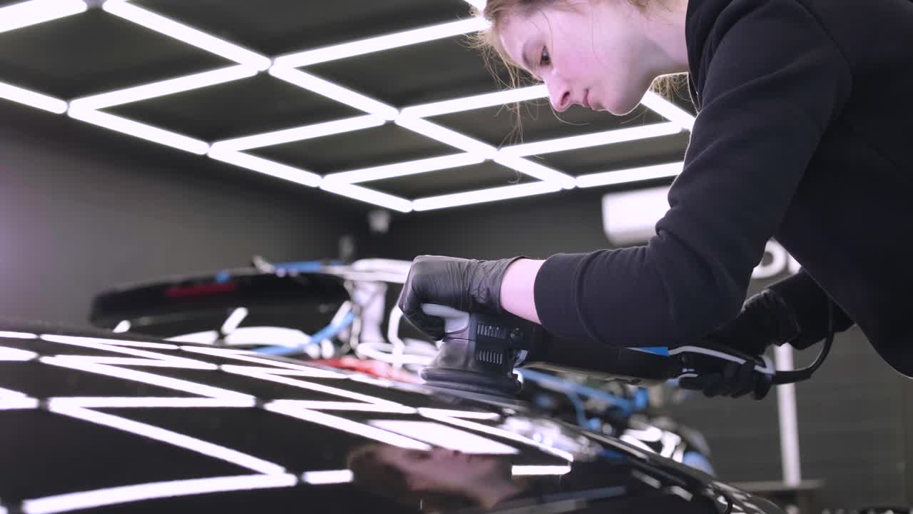 trabajador pulir un coche negro. detalles del coche - mujer están usando maquinaria pulidores de automóviles mantenimiento para eliminar marcas reparación de acuerdo con la superficie de la pintura del coche antes de contin