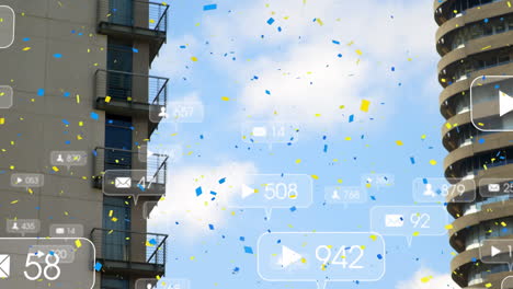 confetti falling over social media icons on multiple speech bubble floating against tall buildings