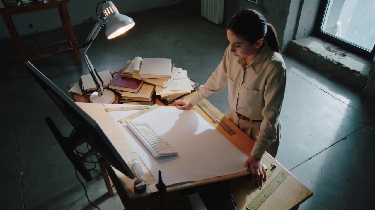 Glancing monitor, woman aligning T-square for layout at drafting table in light blouse, copy space