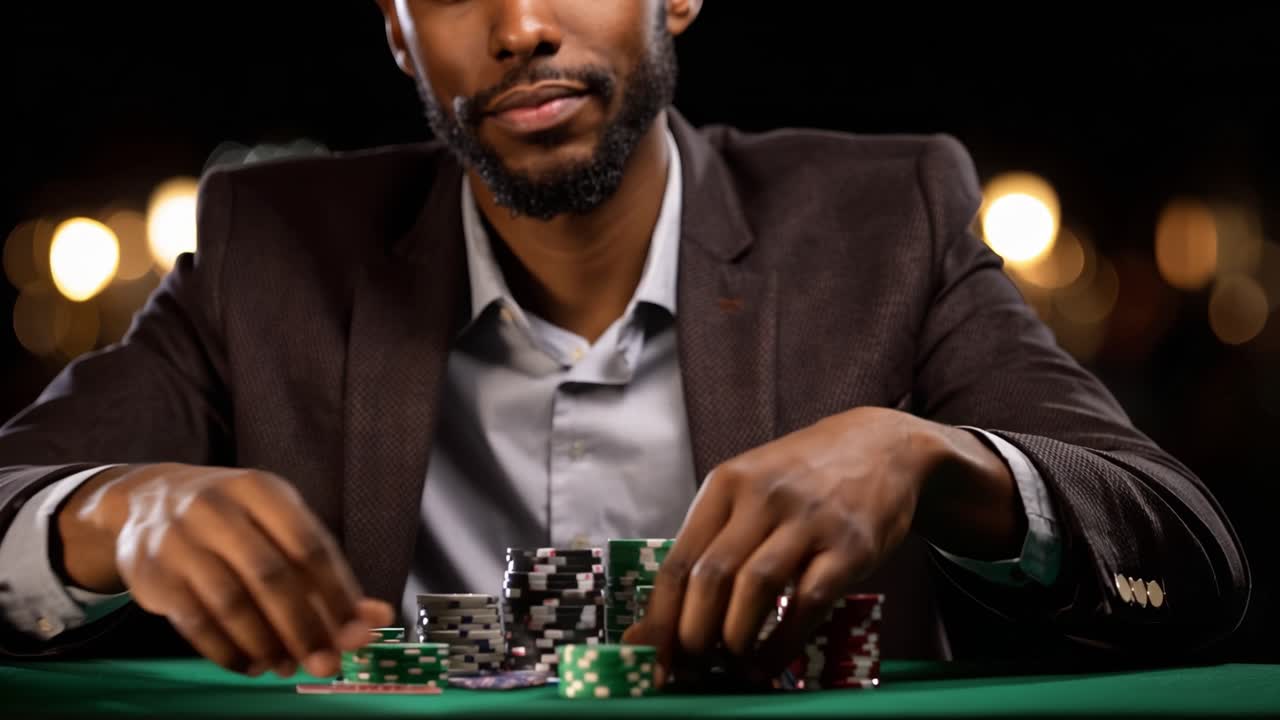 Seorang Pemain Percaya Diri Memamerkan Kartu Poker Pemenang di Tengah Tumpukan Chip dalam Lingkungan Perjudian yang Intens dengan Pencahayaan Lembut dan Sikap yang Terfokus