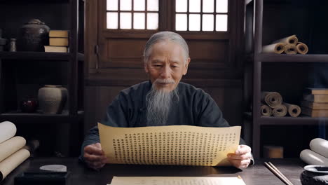 elderly scholar reading scrolls in a traditional chinese study
