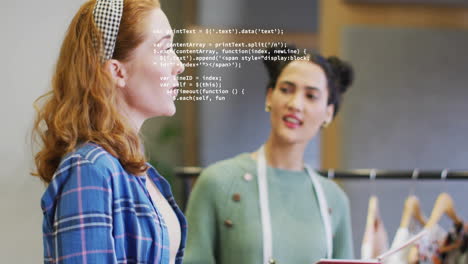 Animation of data processing over diverse female colleagues talking in creative office