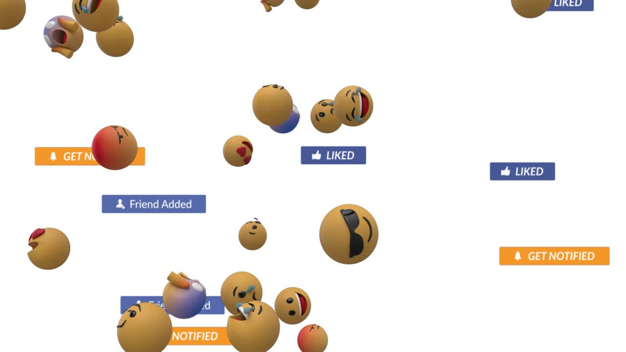 animación de iconos y emojis de redes sociales que caen sobre un fondo blanco