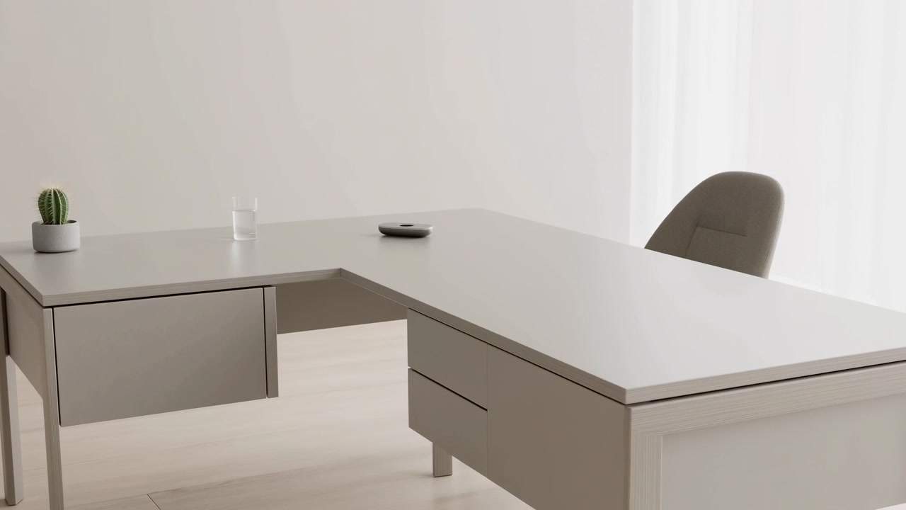 Interior kantor minimalis yang rapi dengan meja kayu terang berbentuk L, kaktus kecil dalam pot di sudut, gelas air bening di dekat tengah, dan perangkat cakram bulat di ruang kerja modern yang tenang dengan pencahayaan lembut yang menyebar.