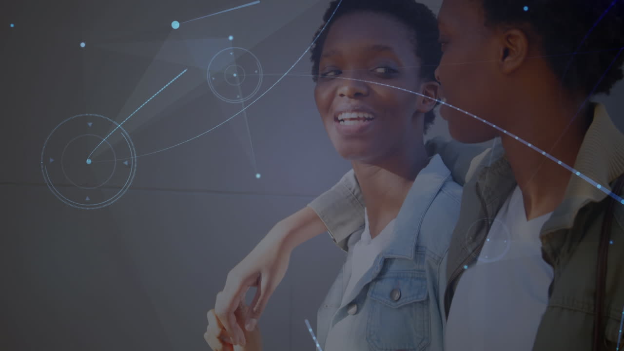 Animation of connections over happy african american twins women walking and embracing