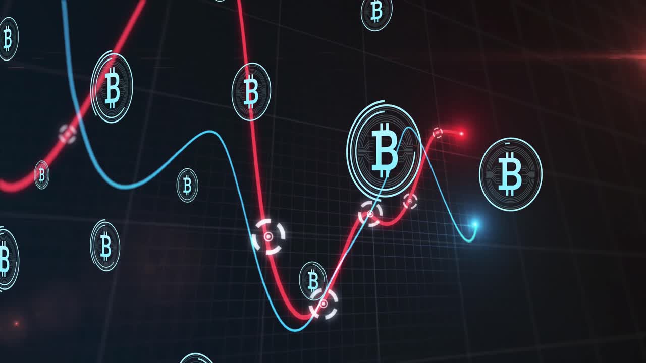 animación de símbolos de bitcoin, estadísticas y procesamiento de datos financieros a través de la red