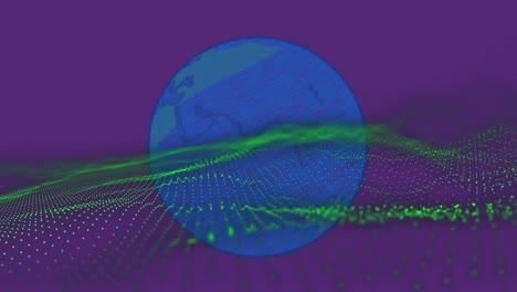 Animation-of-green-mesh-over-blue-globe-and-purple-background