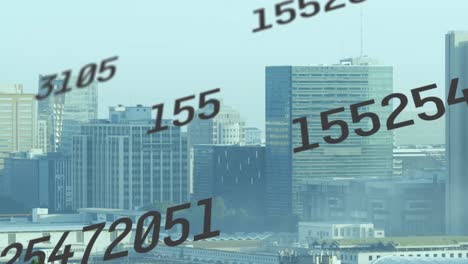 animation of multiple changing numbers against aerial view of cityscape