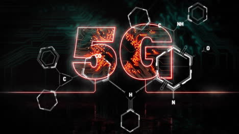 animación de texto 5g y procesamiento de datos digitales sobre fondo negro