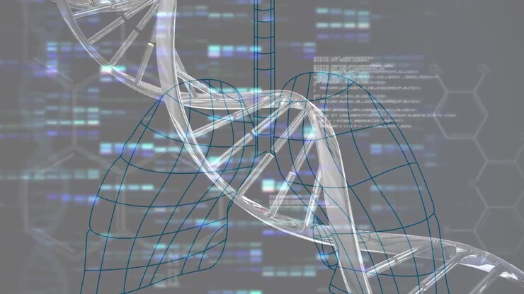 Animation of dna strand over data processing and digital lungs