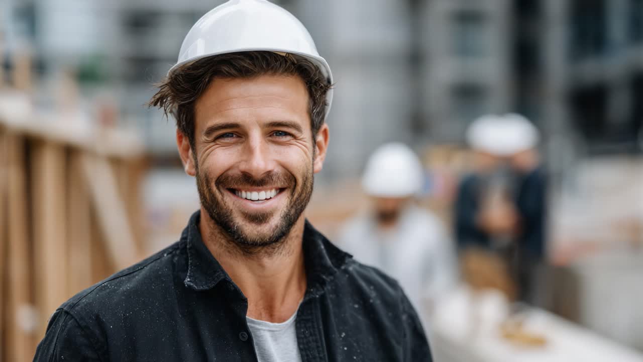 A Confident Construction Worker Smiles at the Camera While Wearing a Hard Hat on a Busy Construction Site Amidst Colleagues