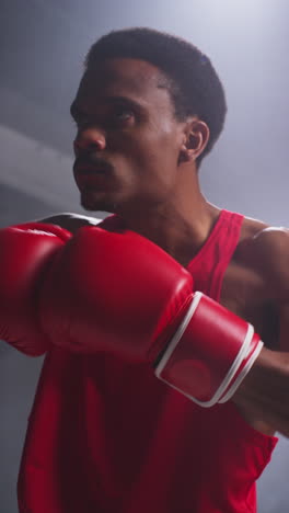 video vertical de un boxeador masculino con guantes calentándose y lanzando golpes en el ring antes del comienzo de un partido de boxeo