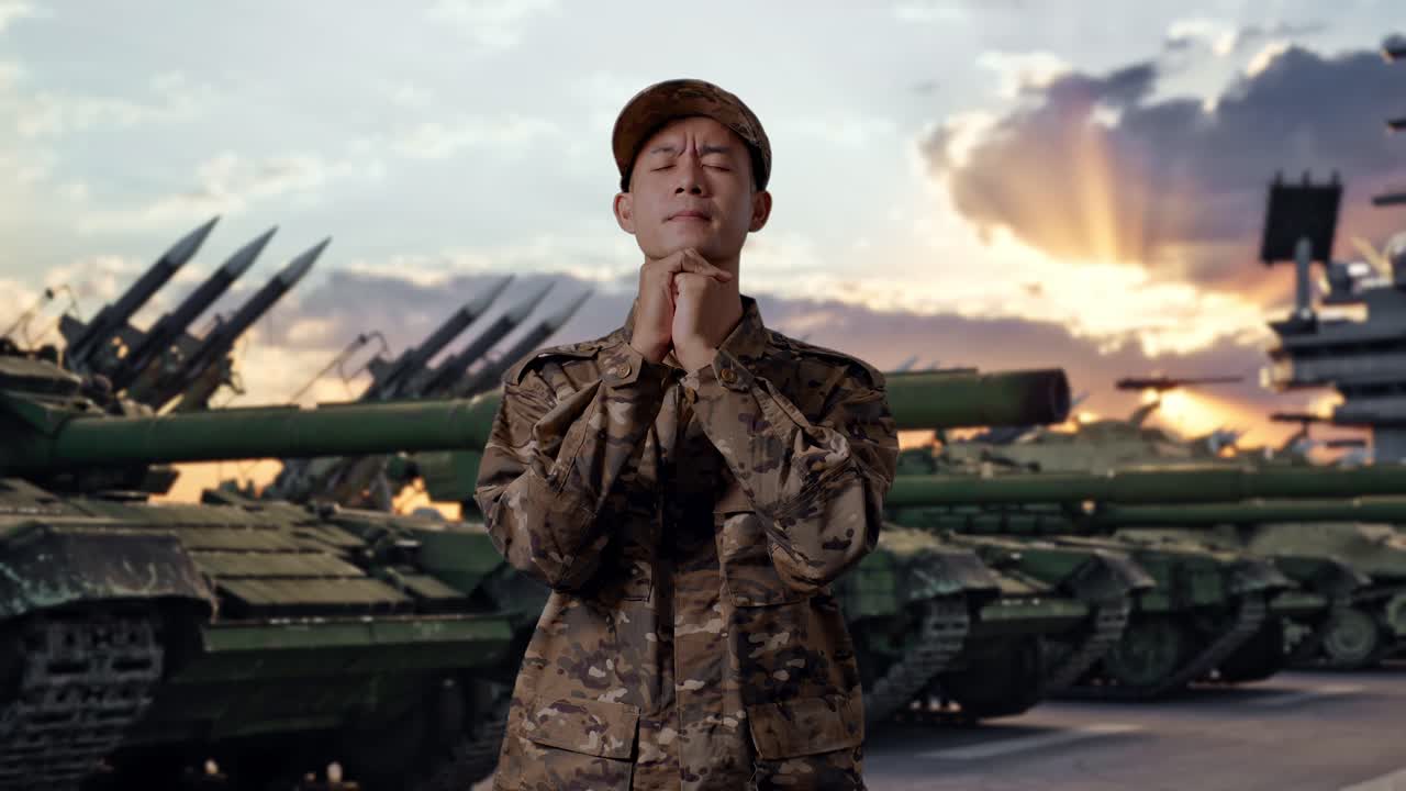 Азиат, солдат, военная форма, молится возле танка