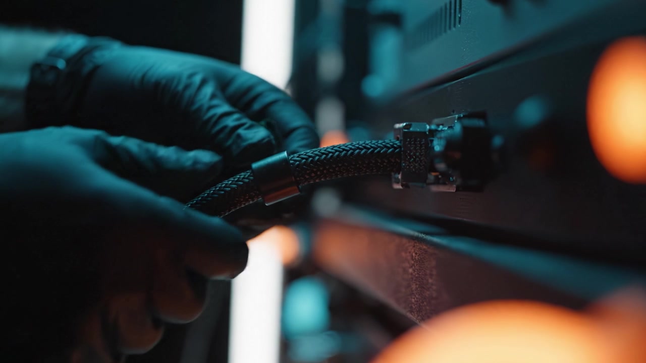 Close-Up of Hands in Gloves Connecting Cable to a High-Tech Device in a Dimly Lit Environment, Highlighting Intricate Details and Modern Technology