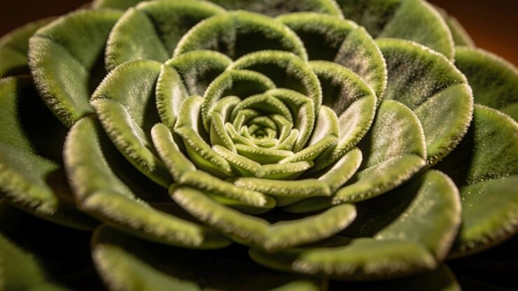 Slowly moving camera revealing rosette succulent centering spiral focus on tabletop, with warm glow
