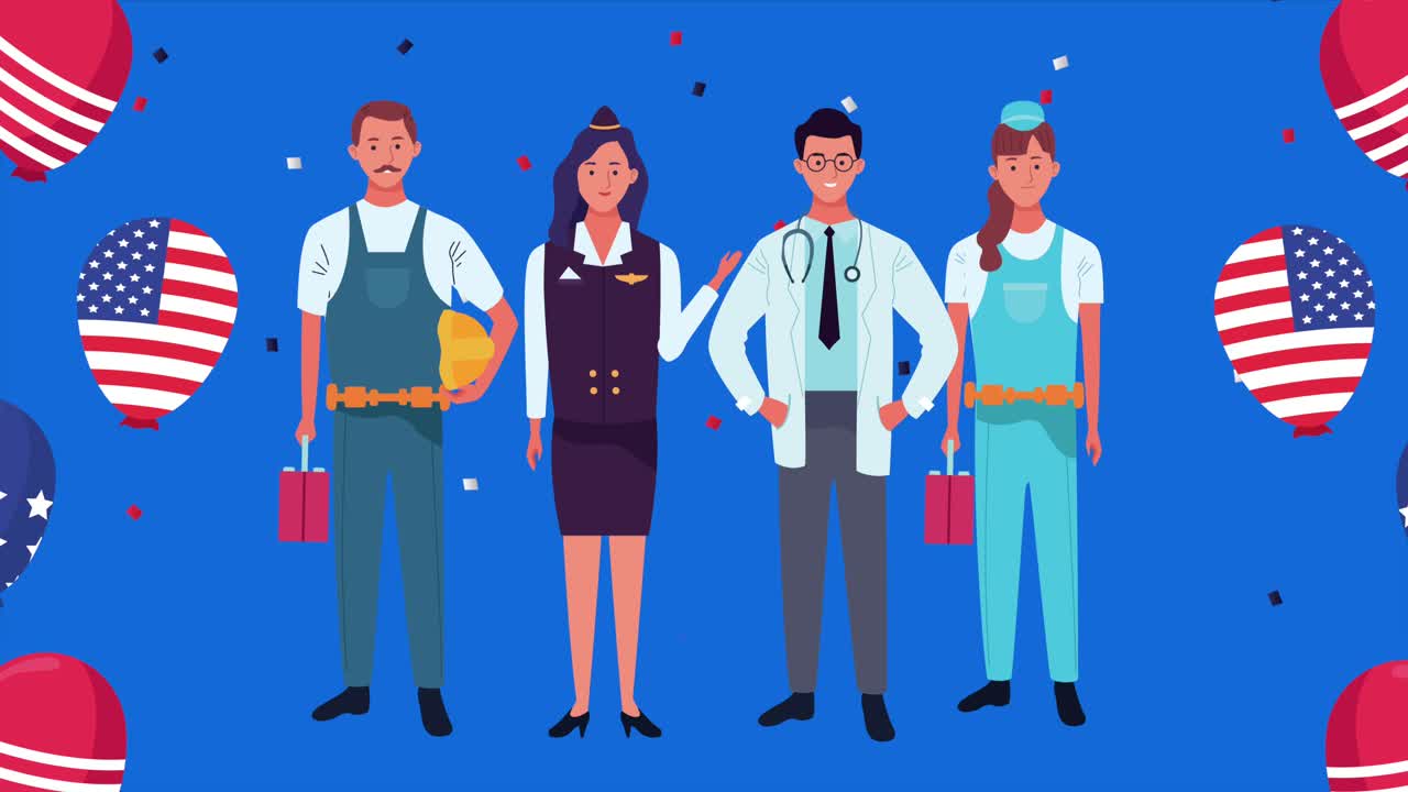 feliz celebración del día del trabajo con bandera de los estados unidos en globos de helio y trabajadores