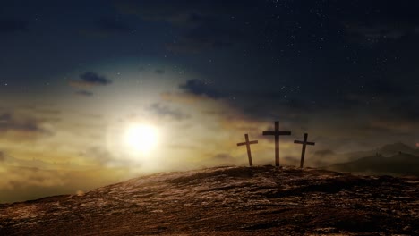 three crosses on a hill at dusk with moving clouds