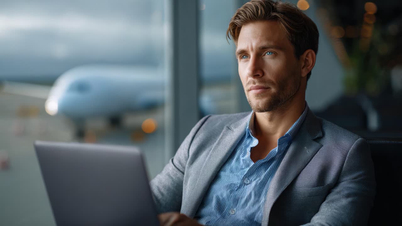 Fokuseret professionel samarbejder i en lufthavnslounge med laptop midt i rejseatmosfære og fly i baggrunden, udstråler beslutsomhed og fatning