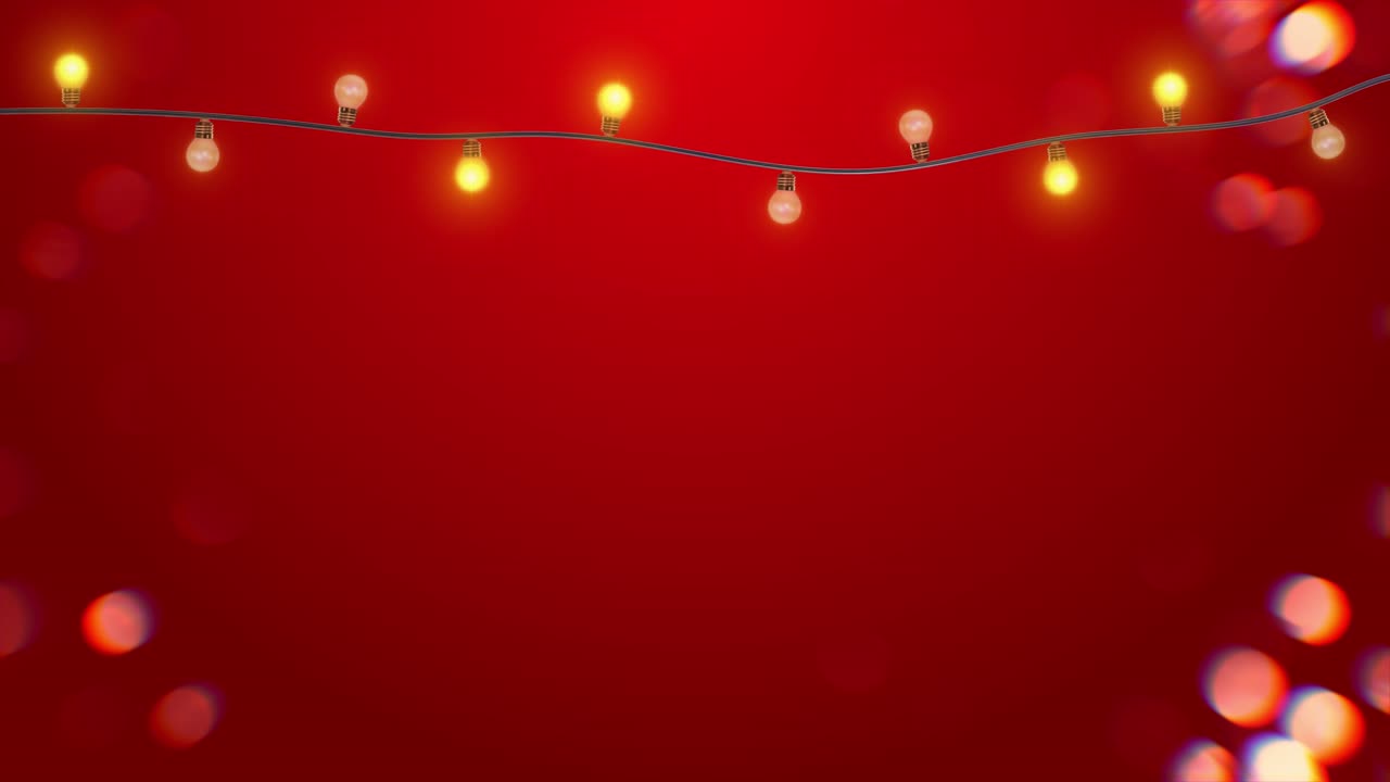 Golden red 4k 3d loop string of colorful light bulbs christmas frame with pattern of glowing