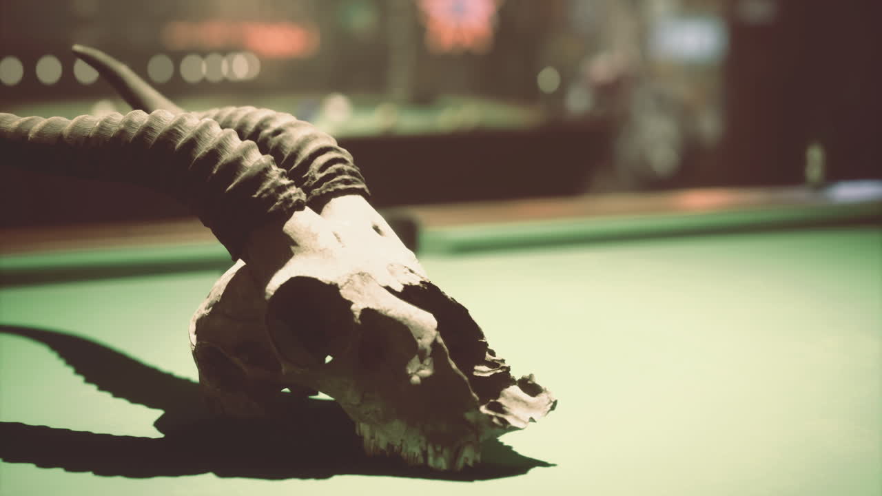 Unique pool hall decoration featuring a skull with impressive horns